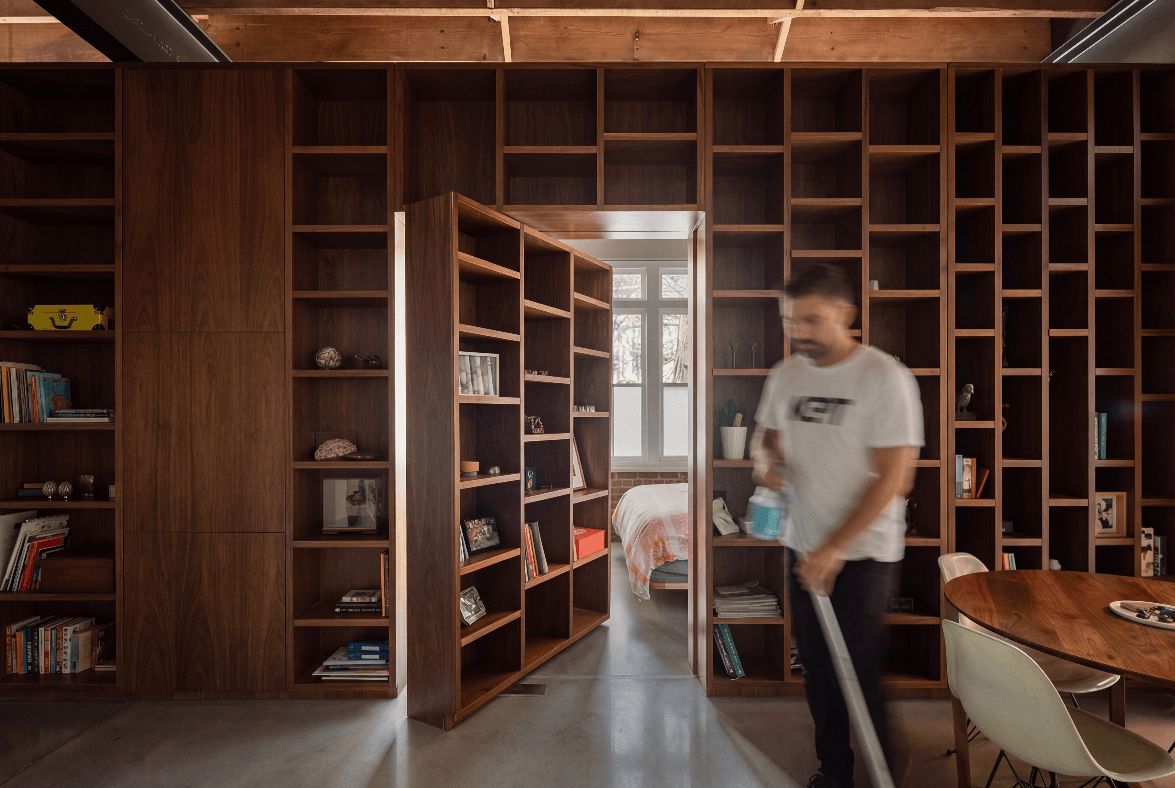 Minimal living space with natural light and warm tones